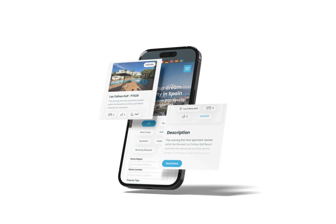 A smarphone displaying the 5 Real Estate homepage, with 2 graphical overlays showing different sections of the website