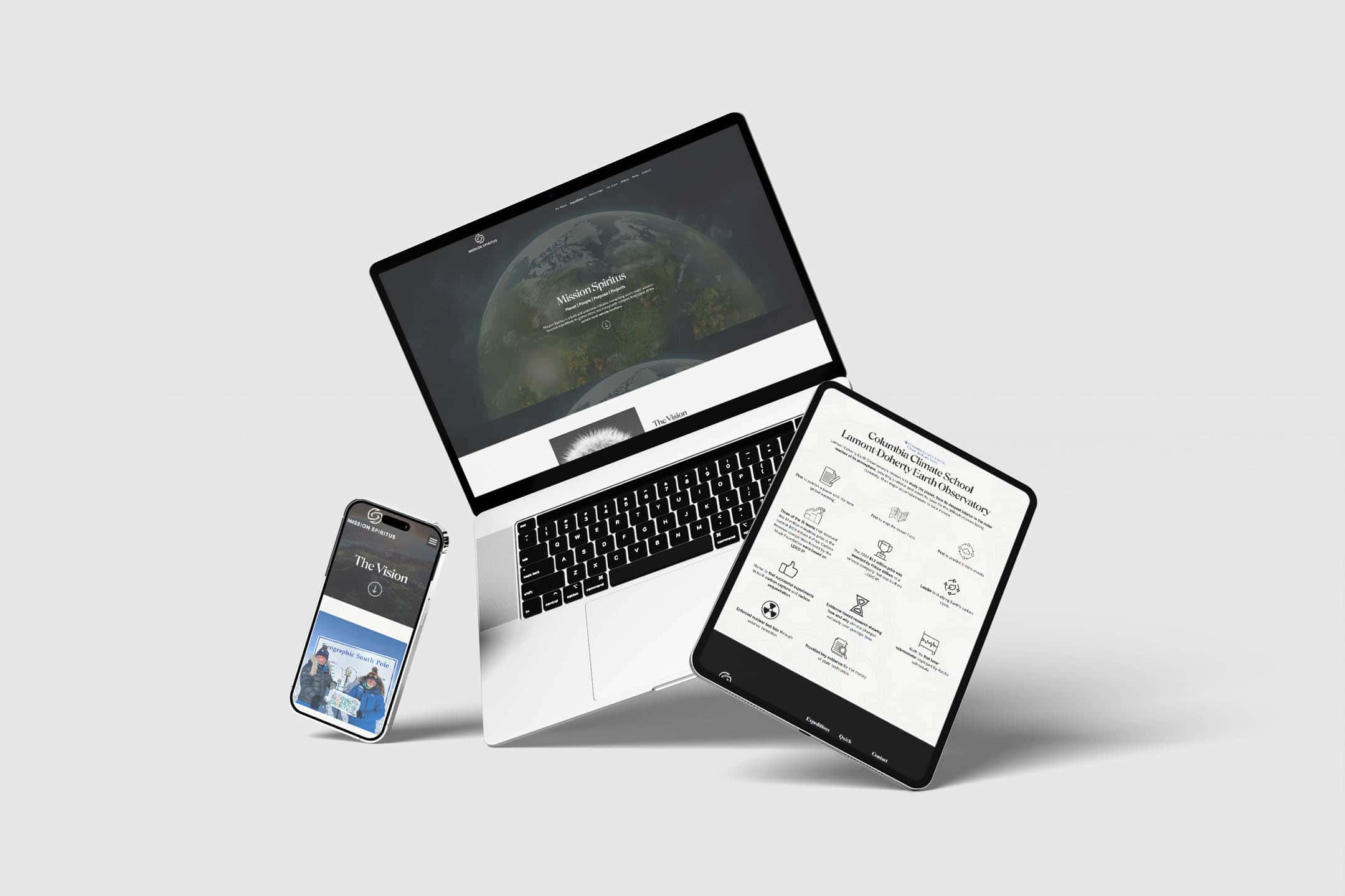 A smartphone, laptop, and tablet displaying different sections from the Mission Spiritus website