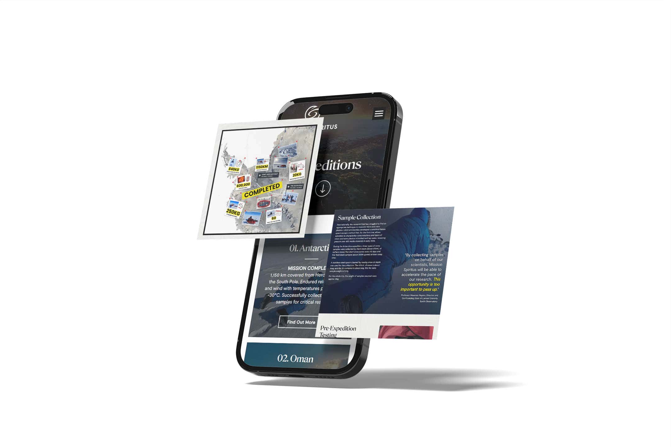 A smartphone displaying the Mission Spiritus website, with 2 graphic overlays displaying different parts of the website